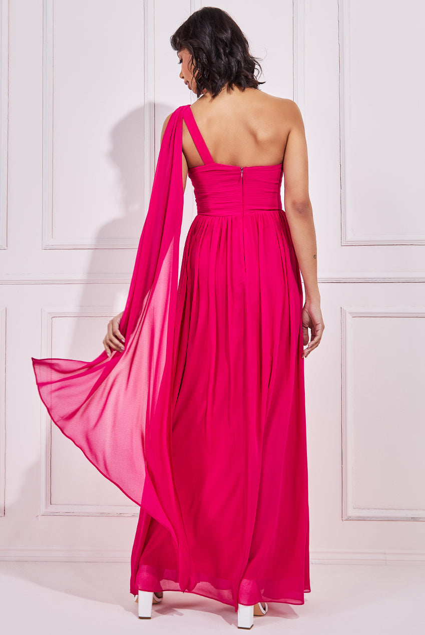 Goddiva One Shoulder Pleated Chiffon Scarf Maxi Dress