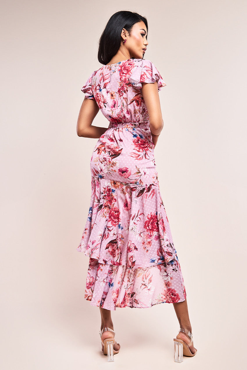 Goddiva Printed Wrap High And Low Tier Dress