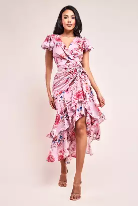 Goddiva Printed Wrap High And Low Tier Dress