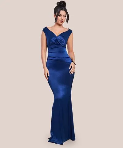 Goddiva Satin Off The Shoulder Maxi Dress