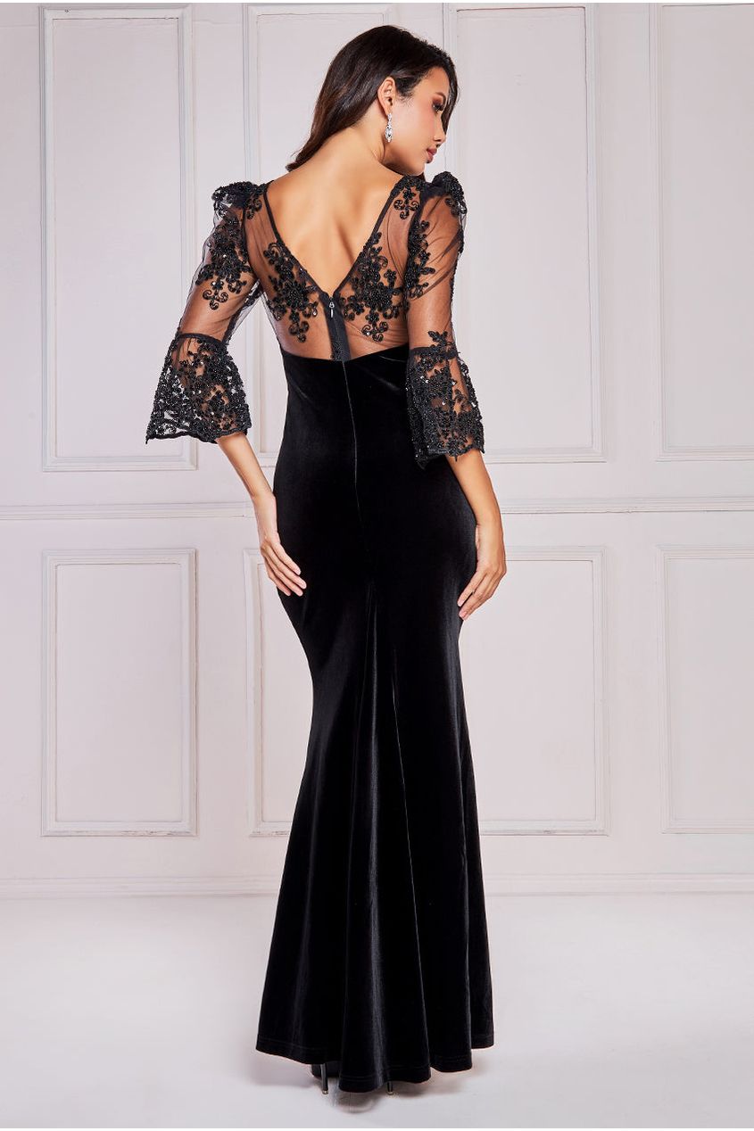 Goddiva Scalloped Lace & Velvet Maxi Dress