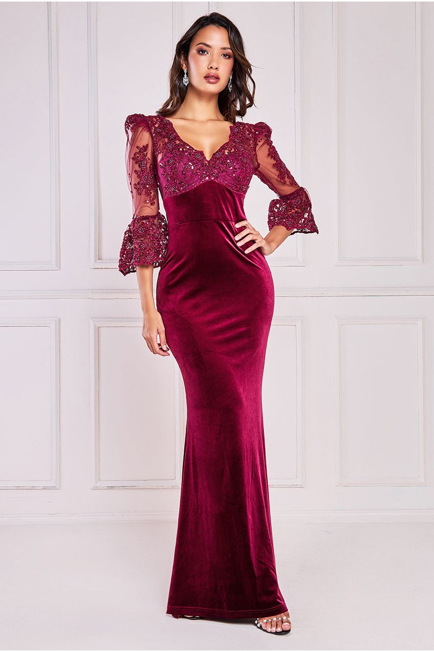 Goddiva Scalloped Lace & Velvet Maxi Dress