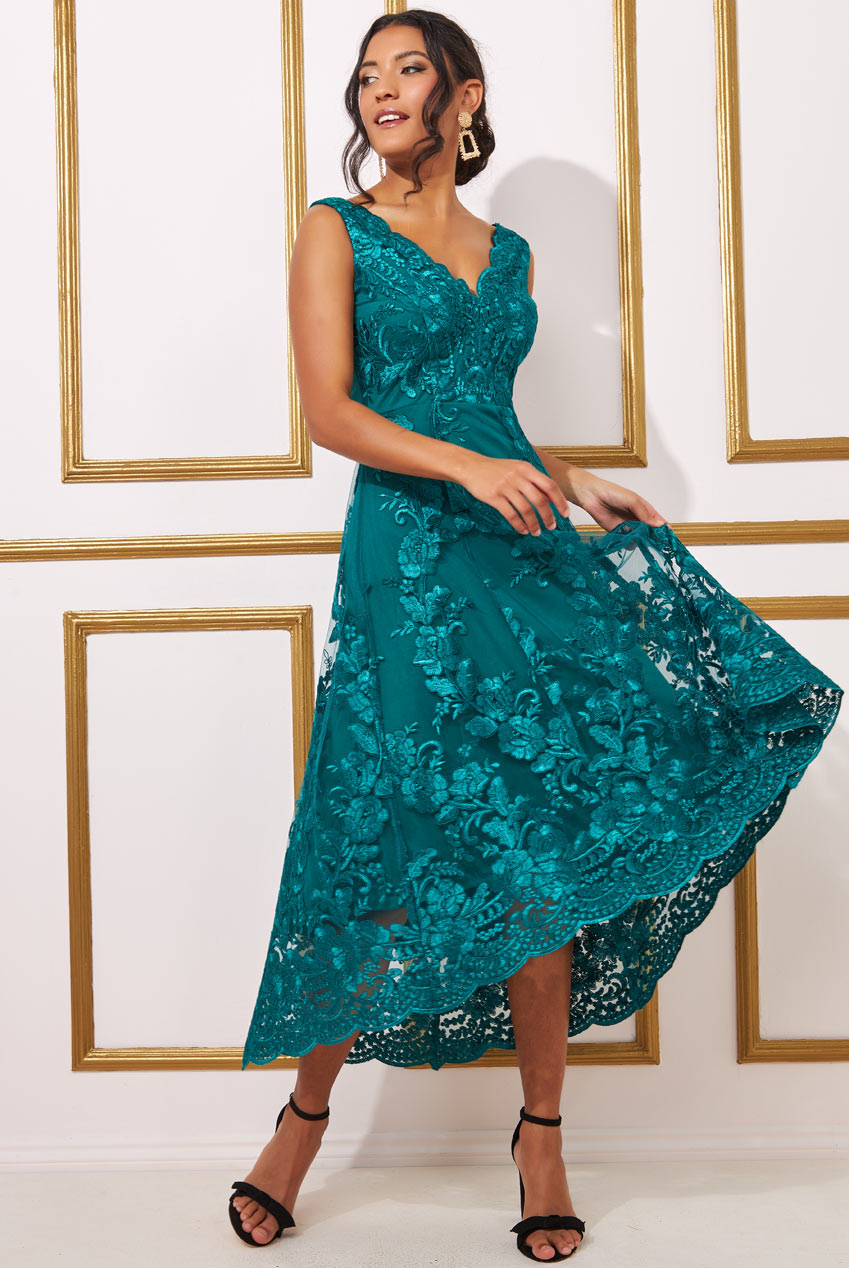 Goddiva Scalloped Neck Lace Midi Dress