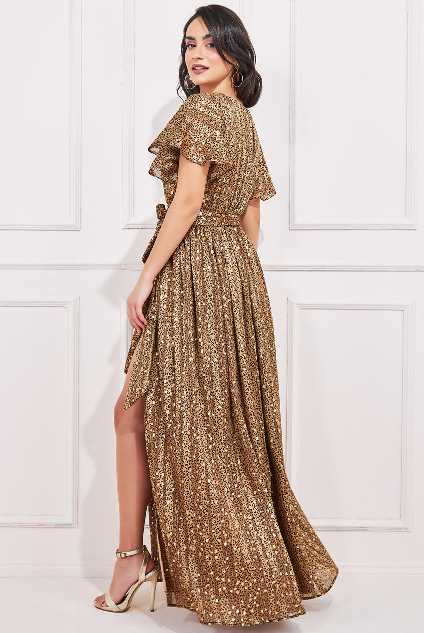 Goddiva Wrap Printed Chiffon Maxi Dress