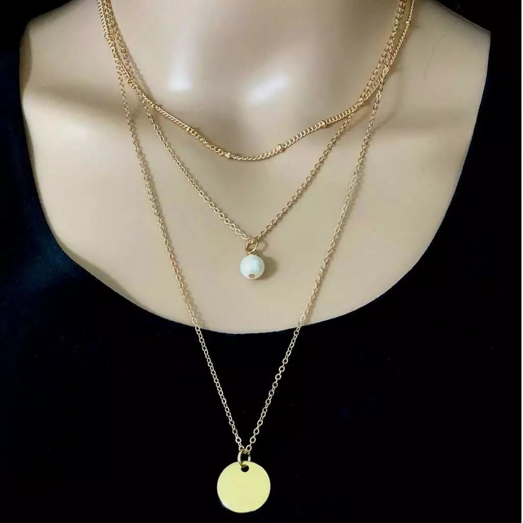 Gold Layered Pearl Drop and Disc Necklace