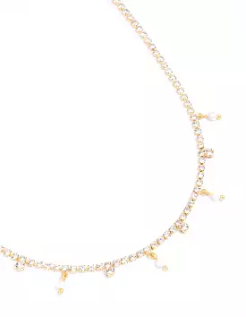 Gold Plated Cupchain Cubic Zirconia & Freshwater Pearl Drop Necklace