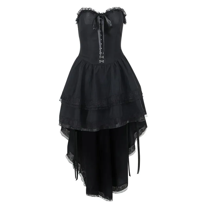 Gothic Hi Low Corset Swing Women Mall Goth Lace Trim Sleeveless Bodycon Tube Formal Strapless Evening Dress