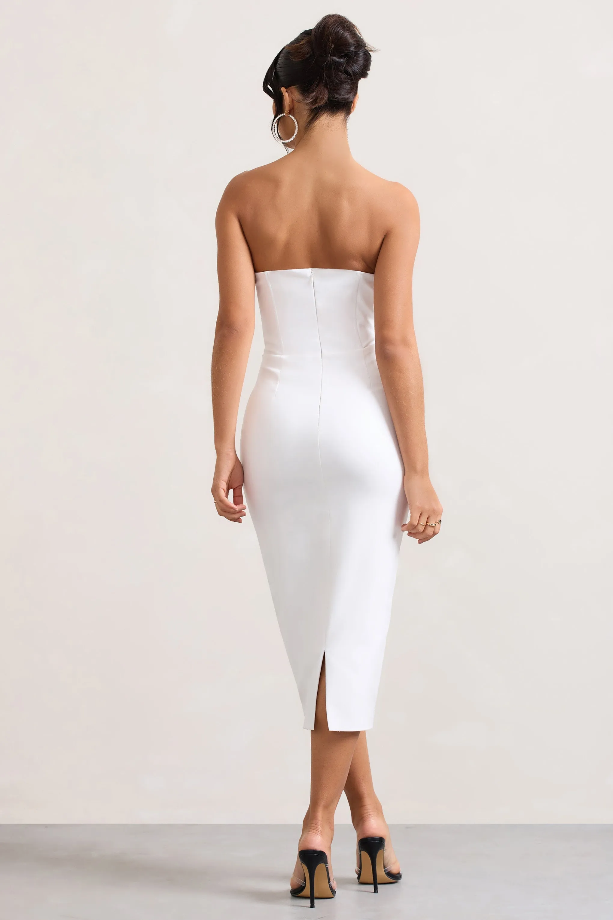 Hailey | White Strapless Sweetheart Corset Midi Dress