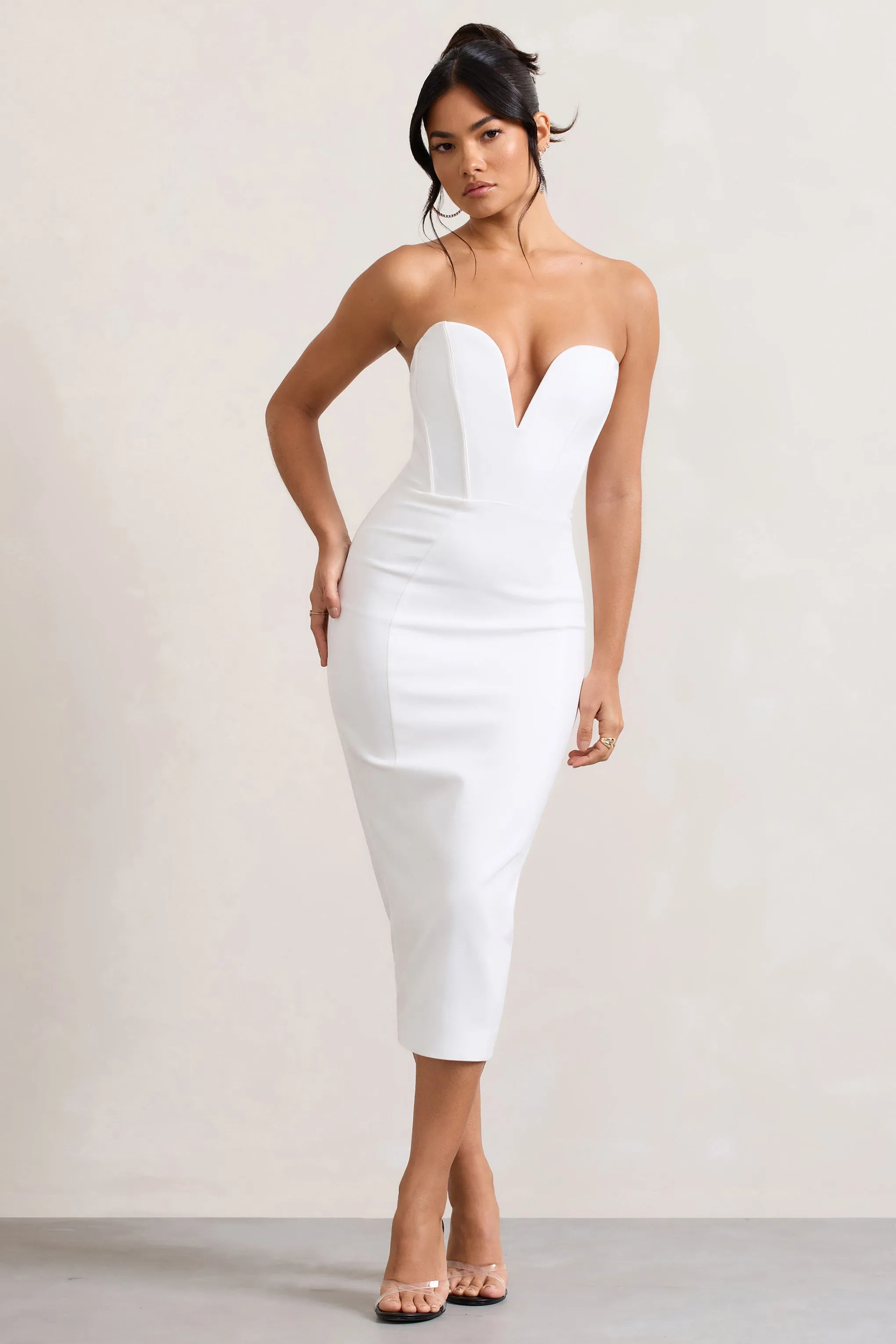 Hailey | White Strapless Sweetheart Corset Midi Dress