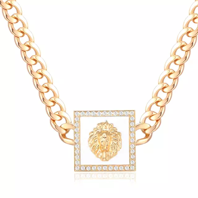 Hiphop Lion Head Choker Necklace Gold Color Statement Alloy Crystal Enamel Pendant Basketball Wives Chunky Chain Costume Jewelry