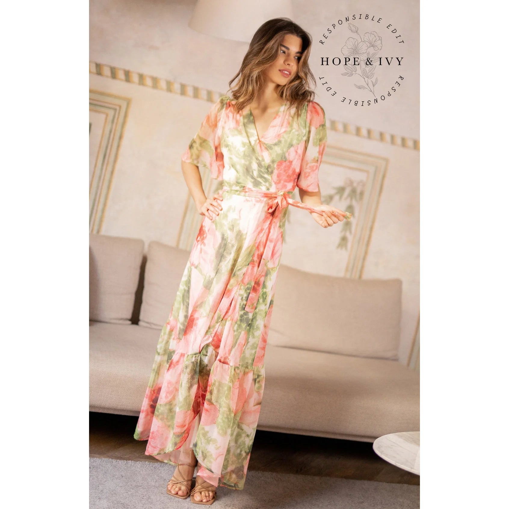 Hope & Ivy Pink & Green Floral Print Flutter Sleeve Maxi Wrap Dress