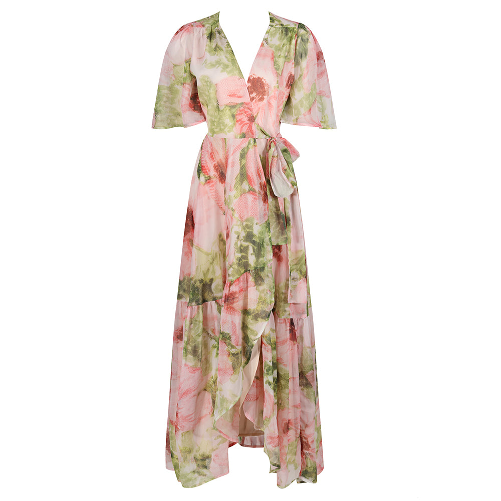 Hope & Ivy Pink & Green Floral Print Flutter Sleeve Maxi Wrap Dress