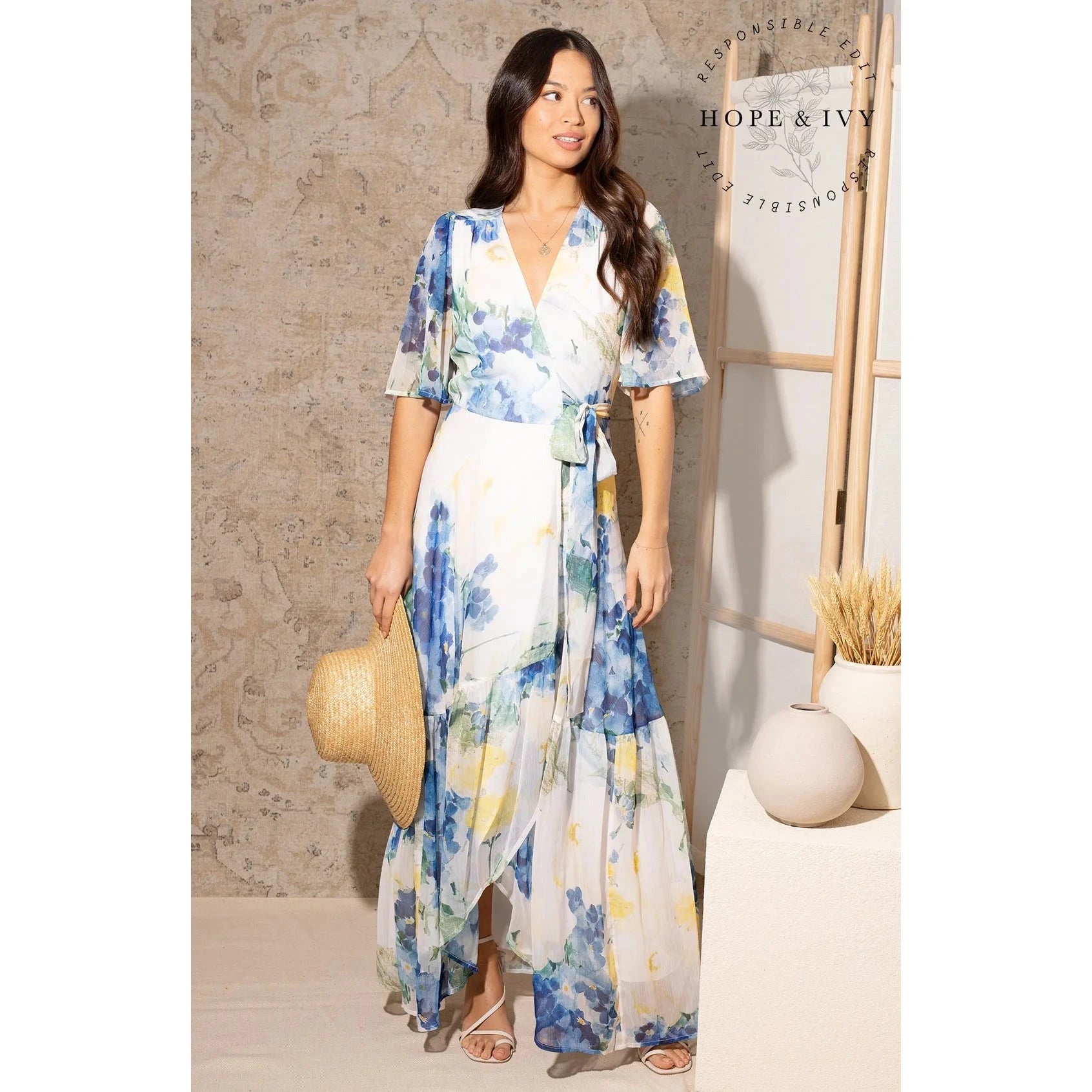 Hope & Ivy White & Blue Floral Print Flutter Sleeve Maxi Wrap Dress