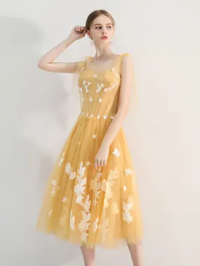 Illusion Yellow Calf Length Fairytale Homecoming Dress Prom Dress