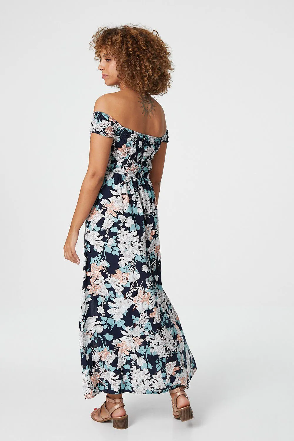 Izabel London – Floral Bardot Shirred Maxi Dress