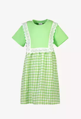 Lace Fabric Plaid Pattern Short Sleeve Dress