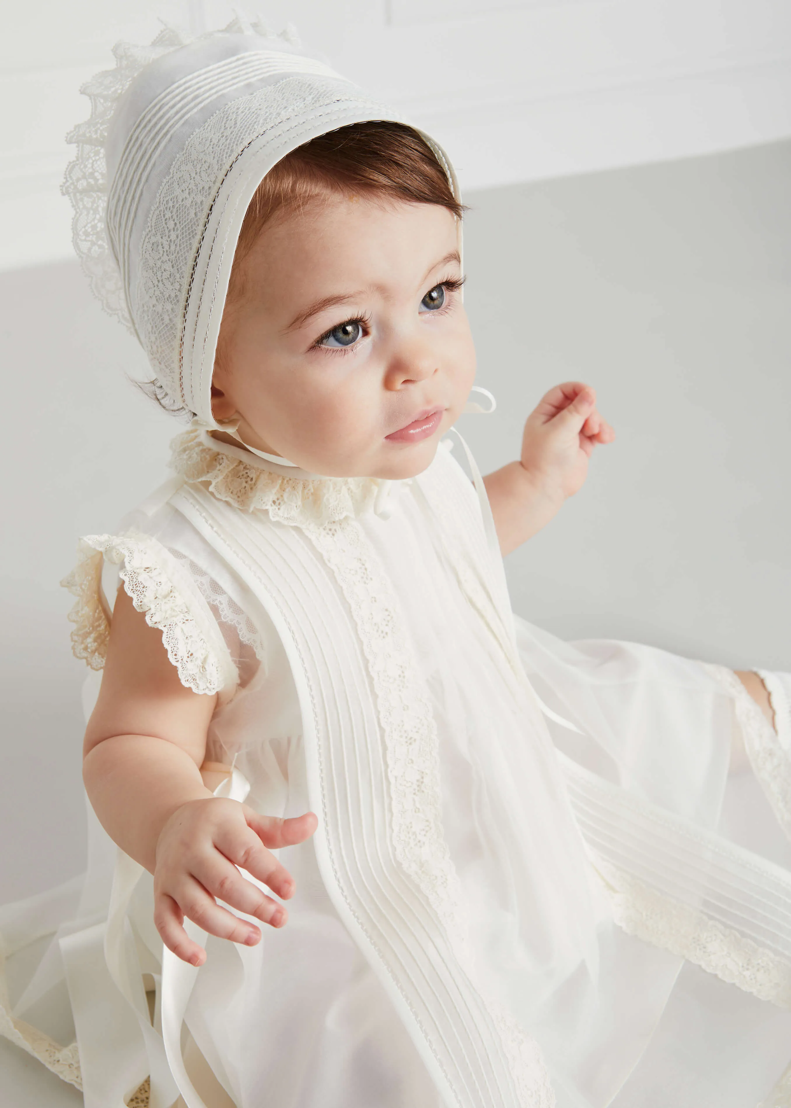 Lace Trim Fine Pleated Dress in Ivory (6mths-2yrs)