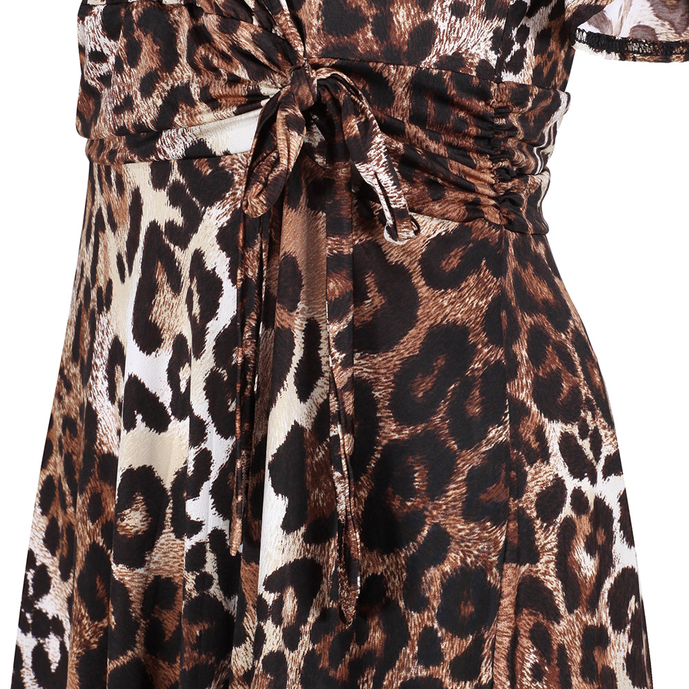 Leopard Print Cap Sleeve Crossover V Neck Wrap Top Swing Dress