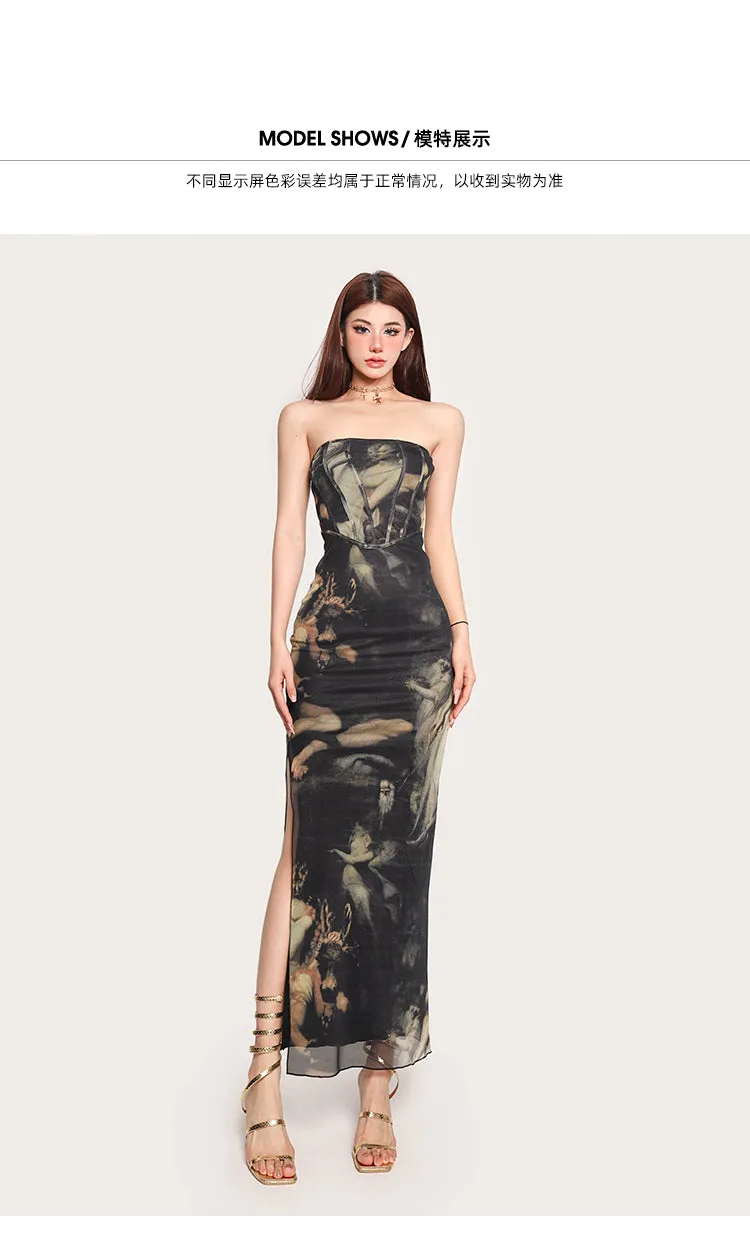 Lexis Graphic Image Print Corset Side Slit Sleeveless Long Slim Dress