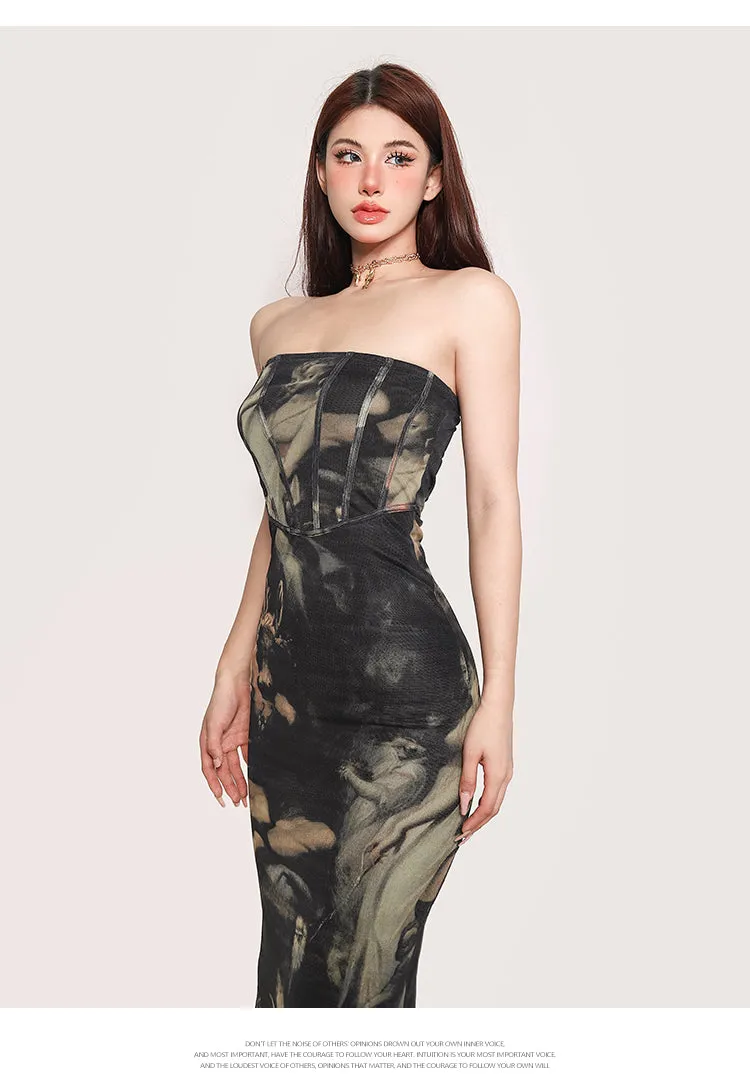 Lexis Graphic Image Print Corset Side Slit Sleeveless Long Slim Dress