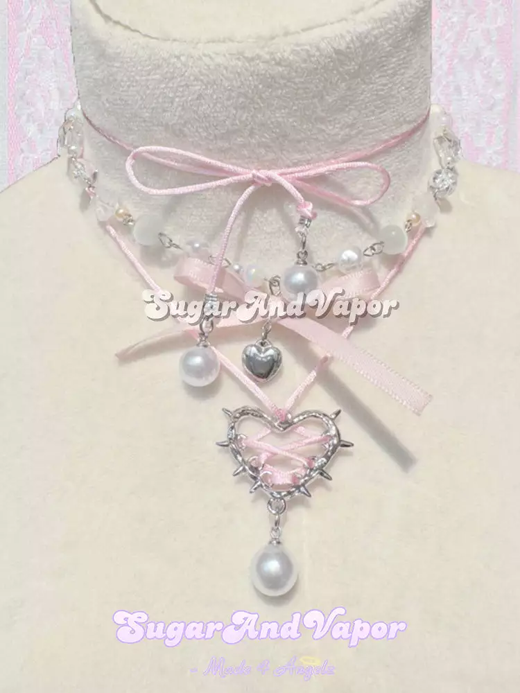 Lilybeth Pearls Thorns Heart Lace-up Choker