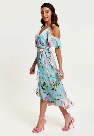 Liquorish Blue Abstract Print Cold Shoulder Midi Wrap Dress