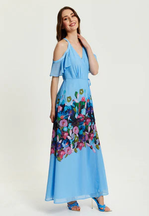 Liquorish Floral Print Maxi Wrap Dress With Frill Details