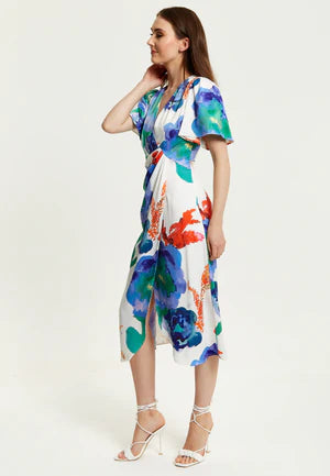 Liquorish Floral Print White Based Midi Wrap Dress