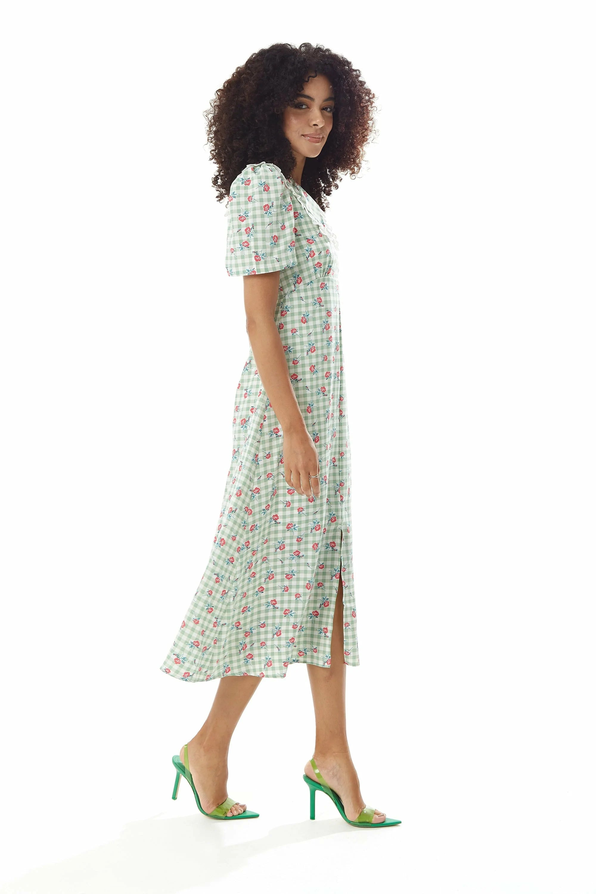 Liquorish Gingham Floral Midi Dress In With Lace