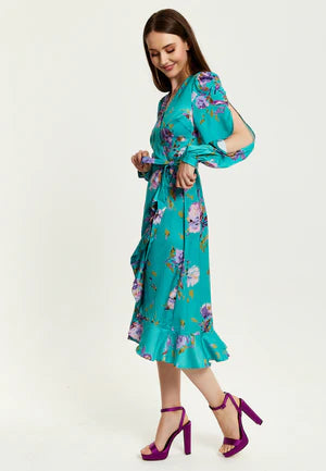 Liquorish Green Floral Print Midi Wrap Dress