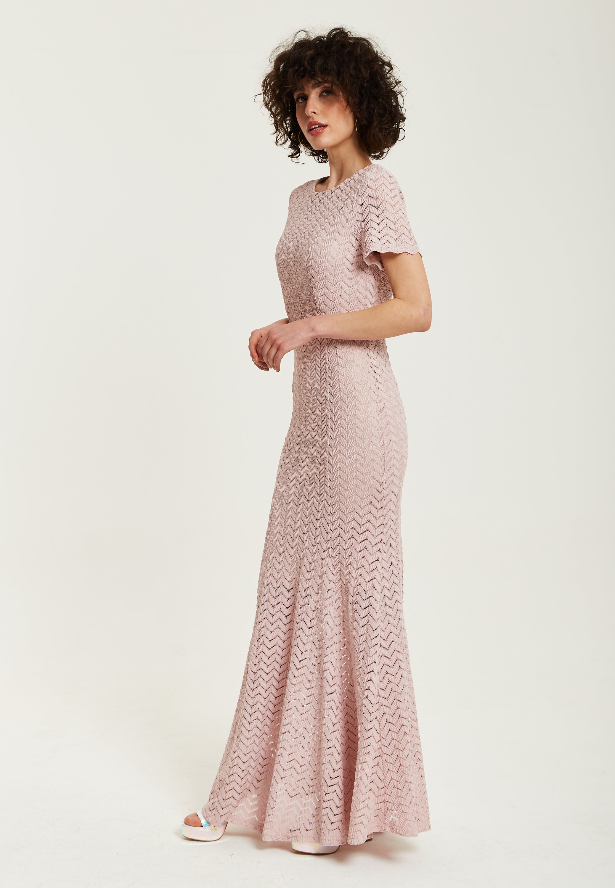 Liquorish Light Pink Lace Maxi Dress With Open Back Detail