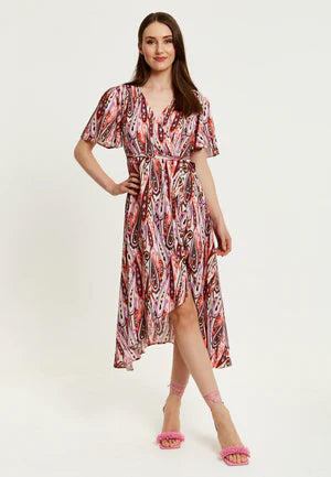 Liquorish Paisley Print Midi Wrap Dress In Brown And Pink