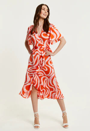 Liquorish Pink And Red Abstract Print Midi Wrap Dress