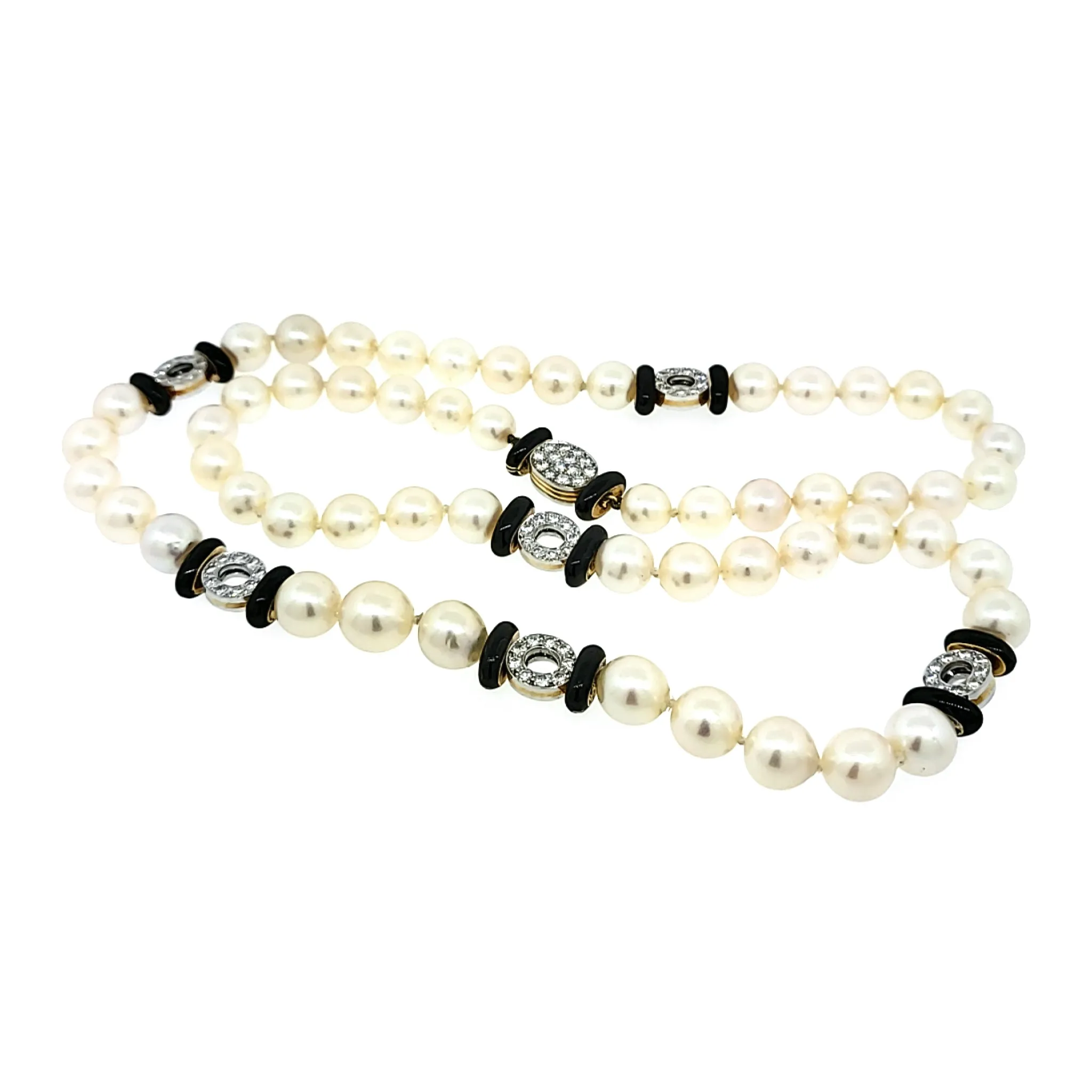 Long Cultured Pearl Necklace with Onyx & Diamond Rondelle