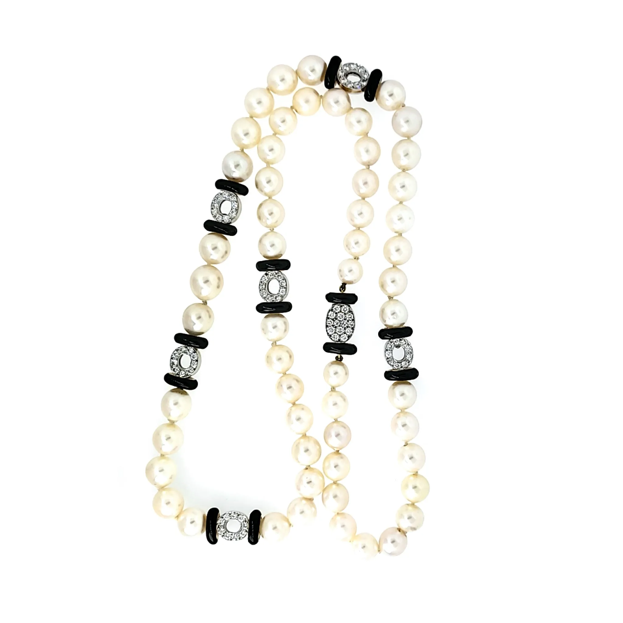 Long Cultured Pearl Necklace with Onyx & Diamond Rondelle