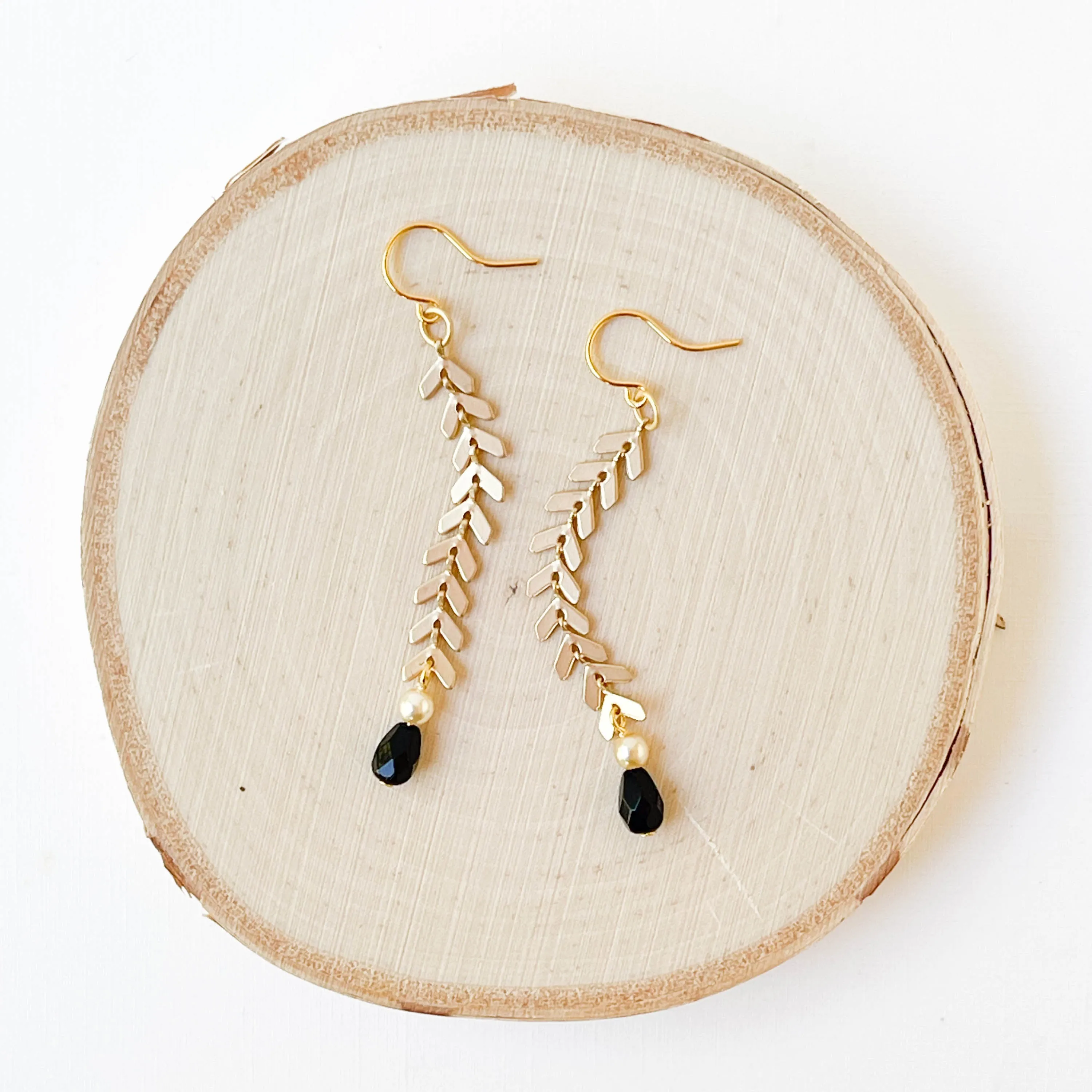 Long Gold Chevron Earrings with Pearl and Black Beads - WS