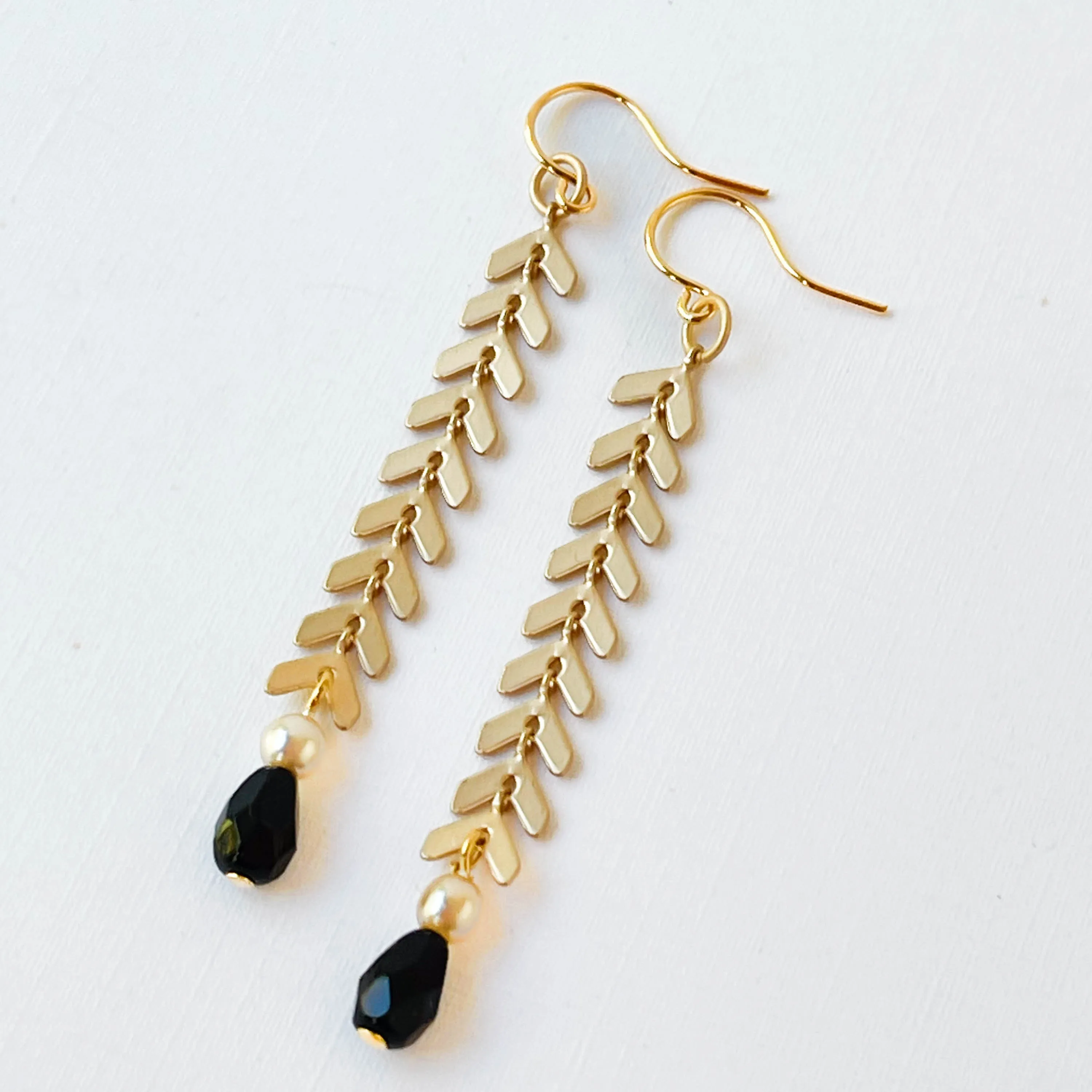 Long Gold Chevron Earrings with Pearl and Black Beads - WS