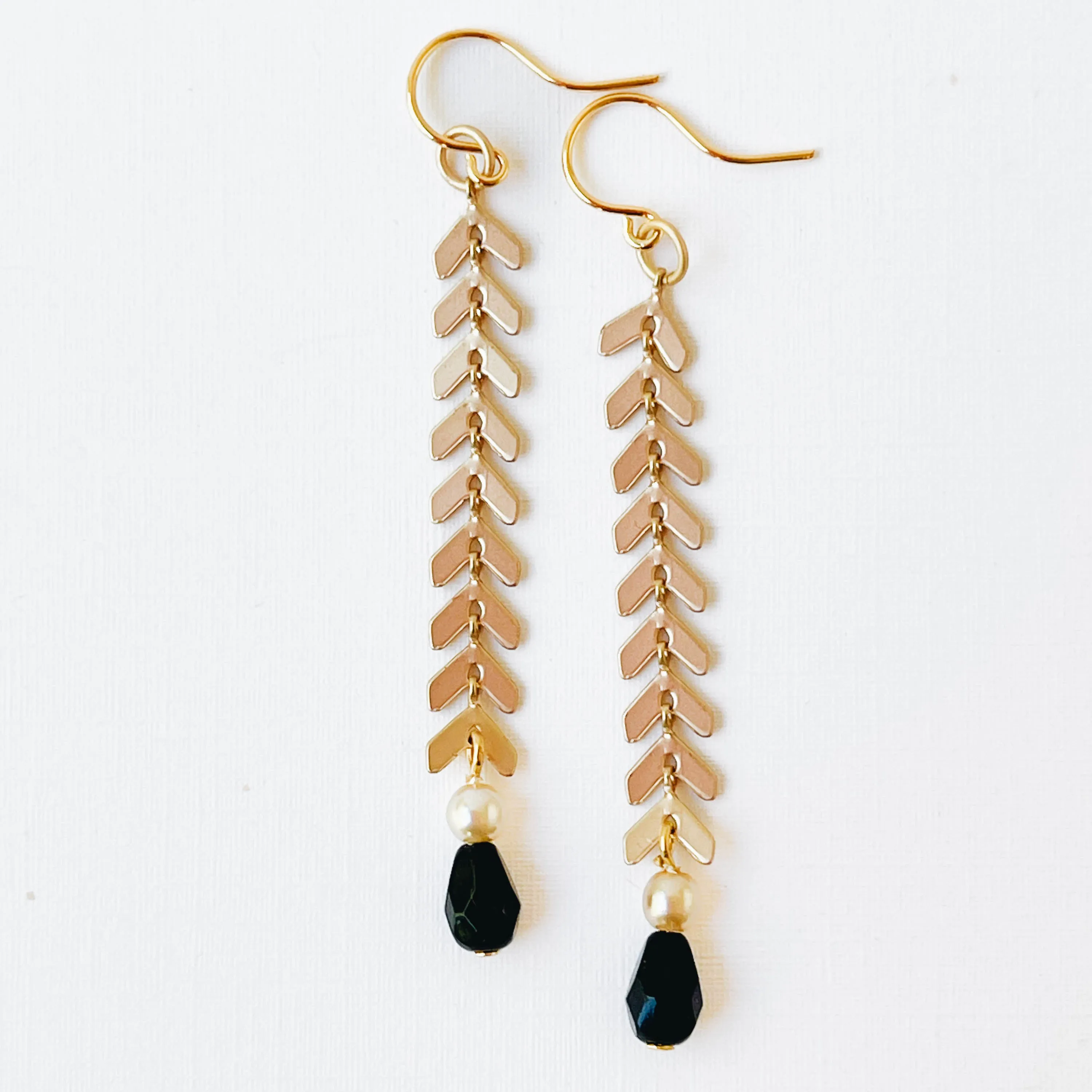 Long Gold Chevron Earrings with Pearl and Black Beads