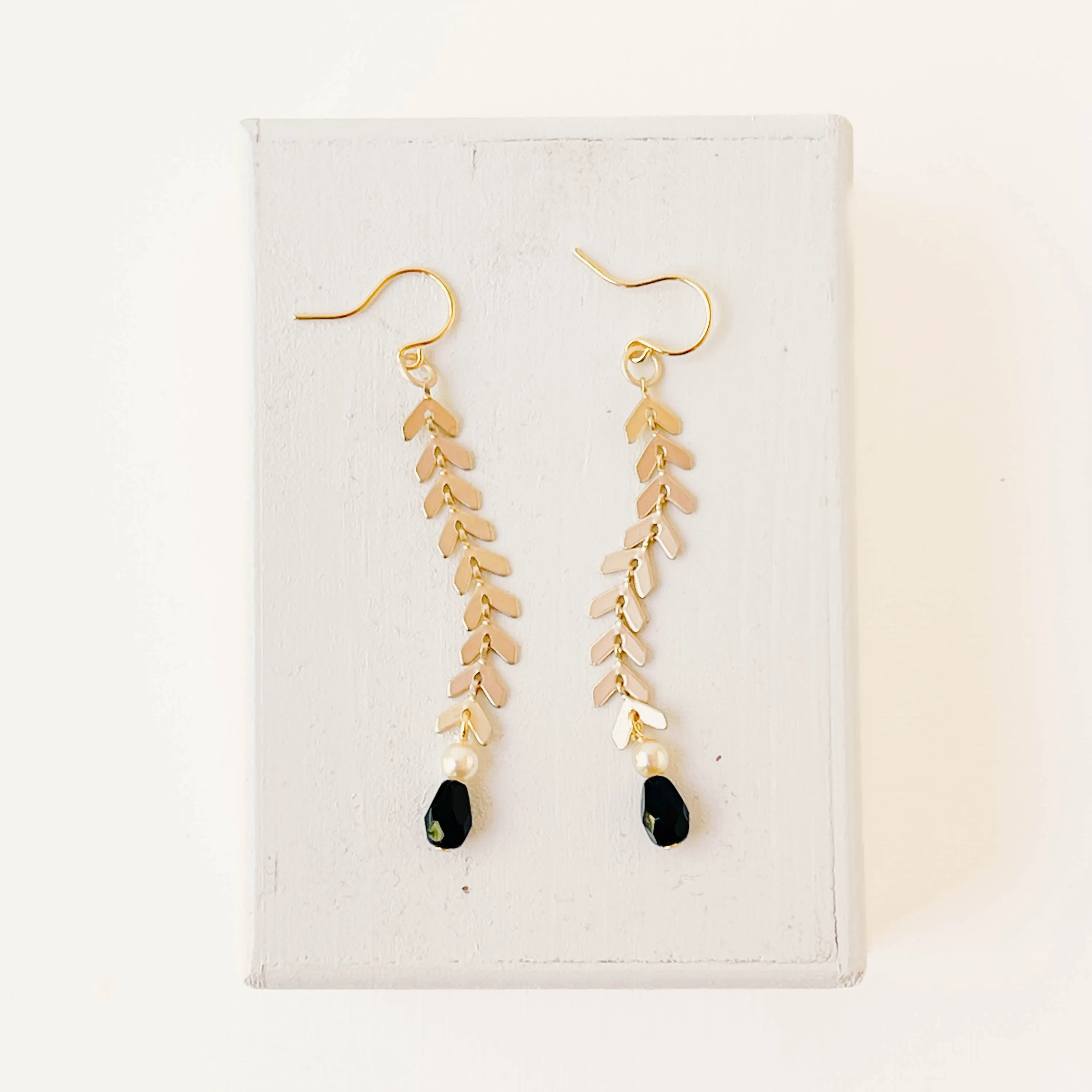 Long Gold Chevron Earrings with Pearl and Black Beads