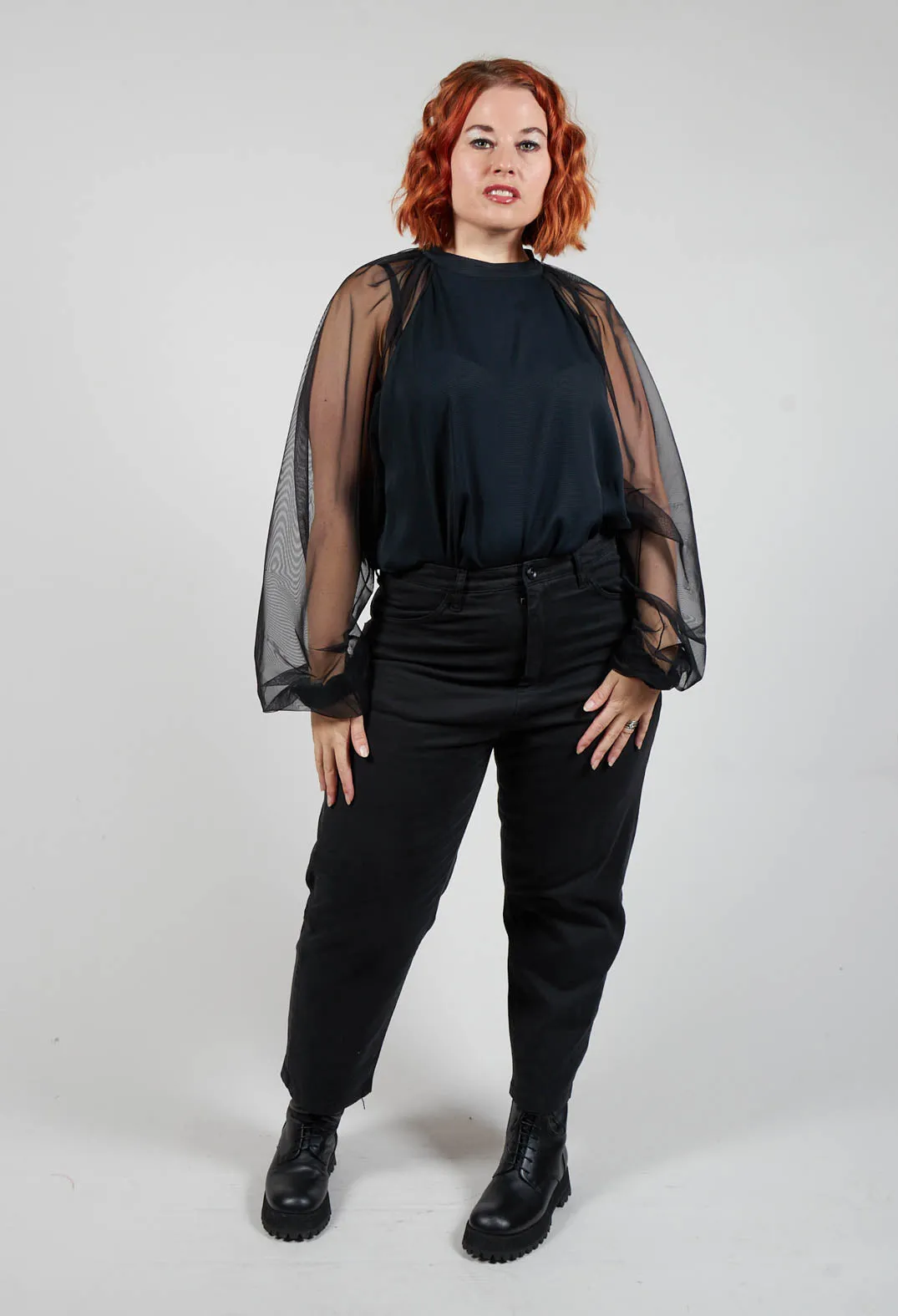 Long Sleeved Top with Sheer Sleeves in Black