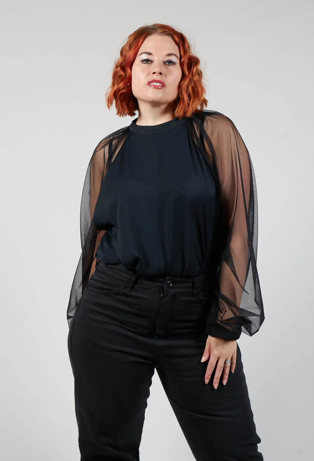 Long Sleeved Top with Sheer Sleeves in Black