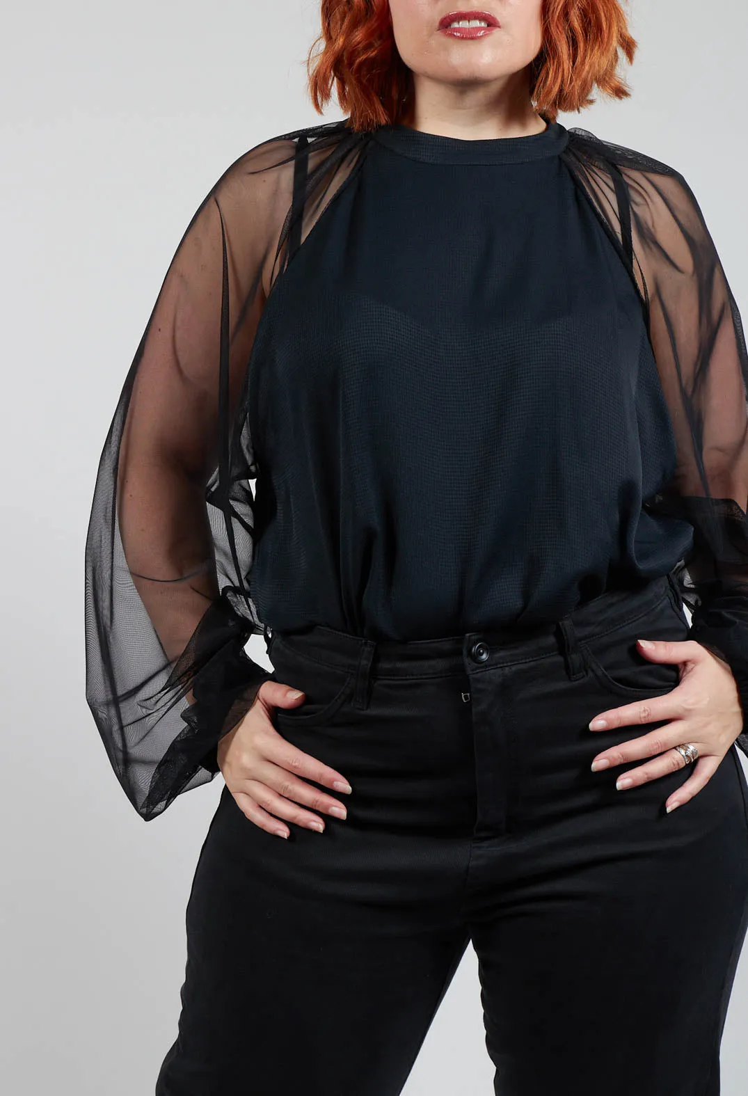 Long Sleeved Top with Sheer Sleeves in Black