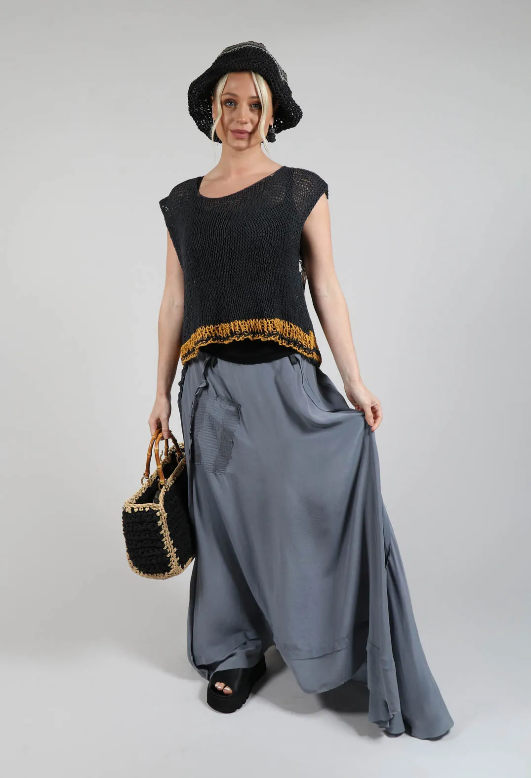 Long Washed Silk Skirt with Patch Pocket Detail in Grey