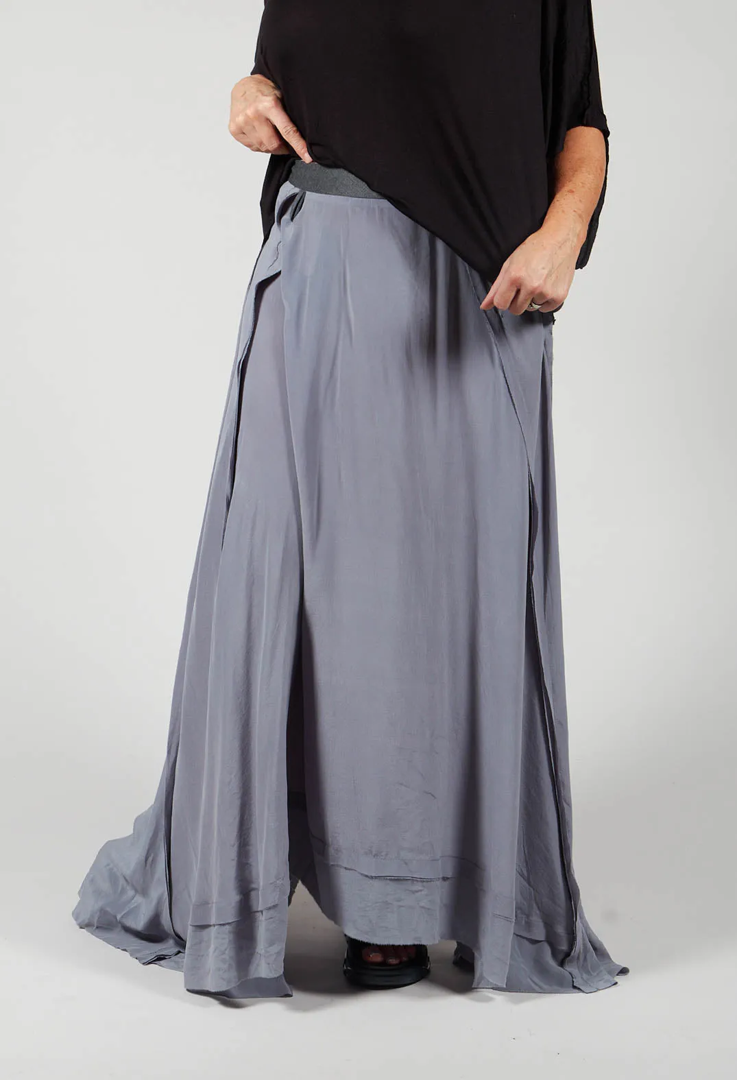 Long Washed Silk Skirt with Patch Pocket Detail in Grey