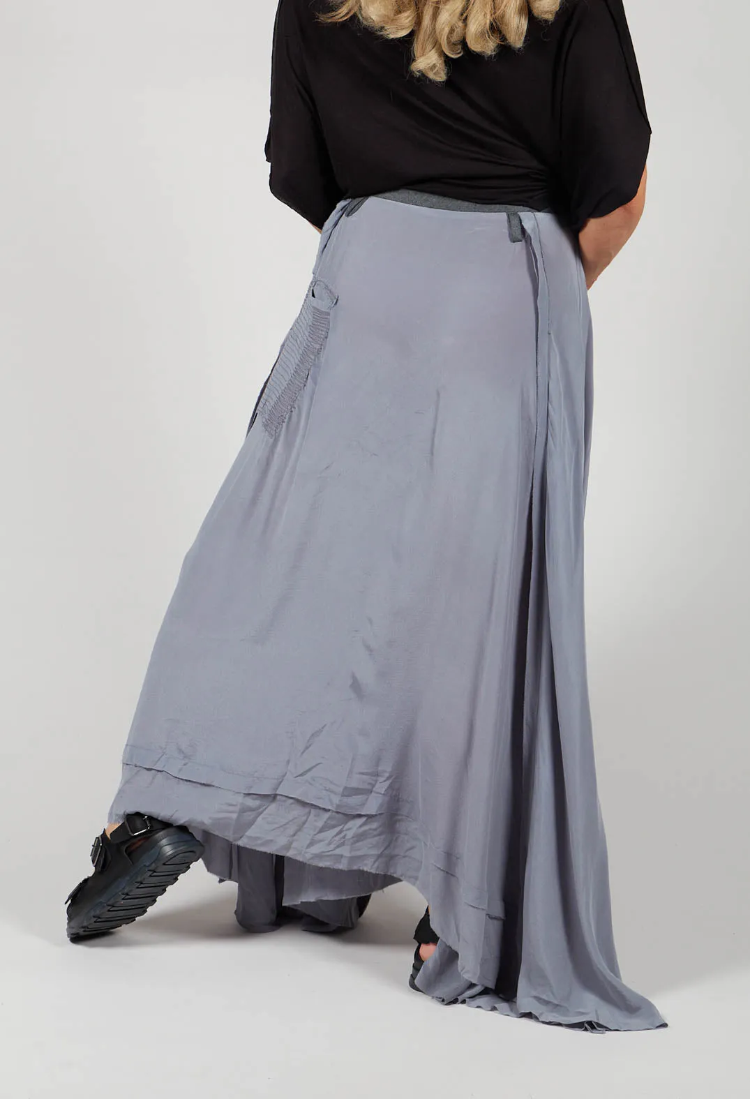 Long Washed Silk Skirt with Patch Pocket Detail in Grey