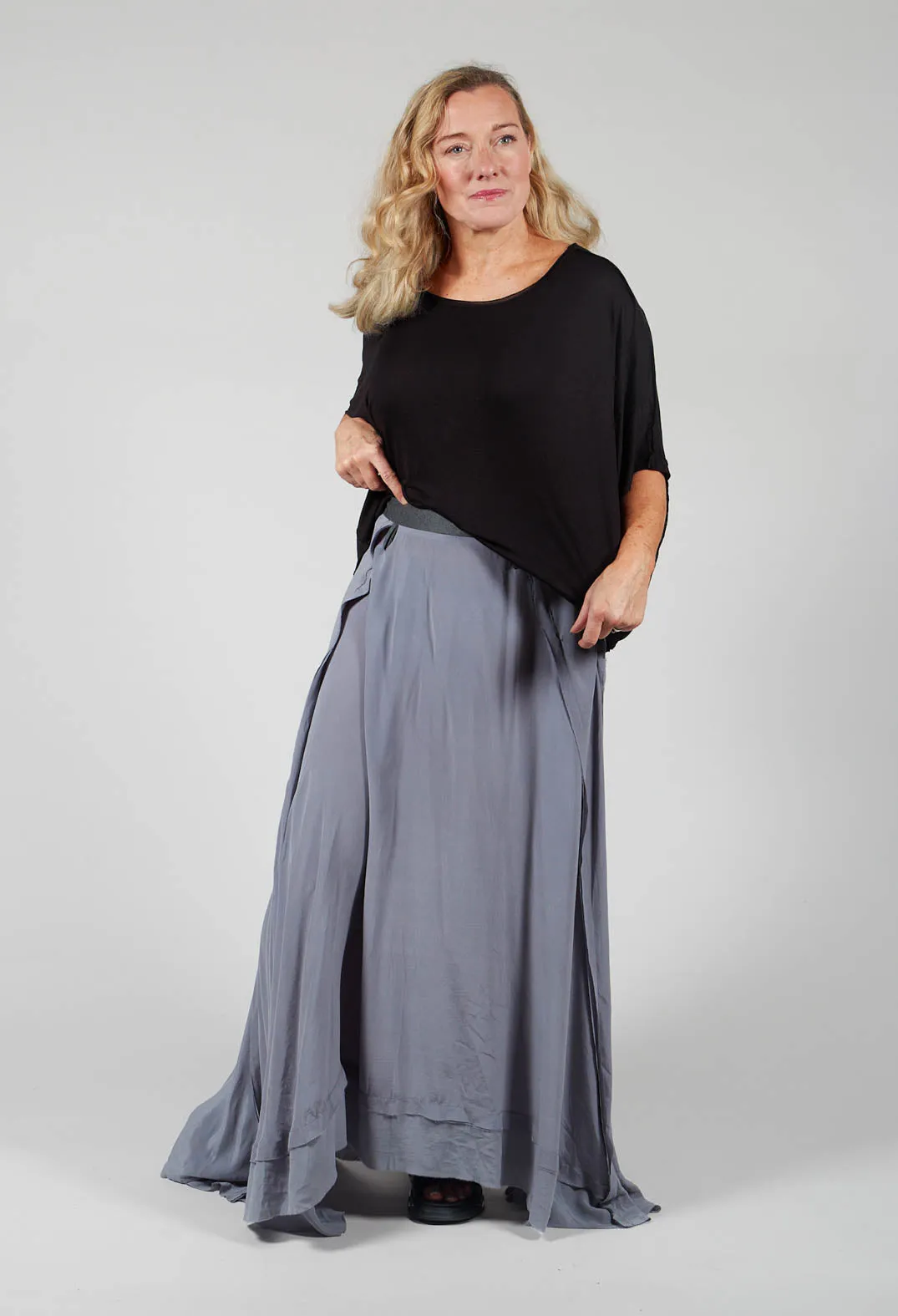 Long Washed Silk Skirt with Patch Pocket Detail in Grey