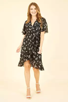 Mela London Black Floral Frill Wrap Dress