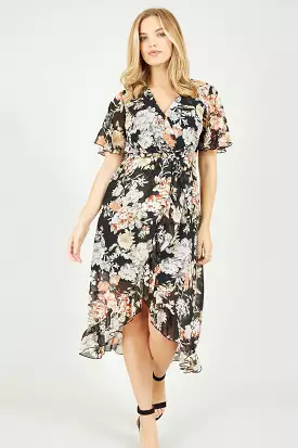 Mela London Black Floral High Low Wrap Dress