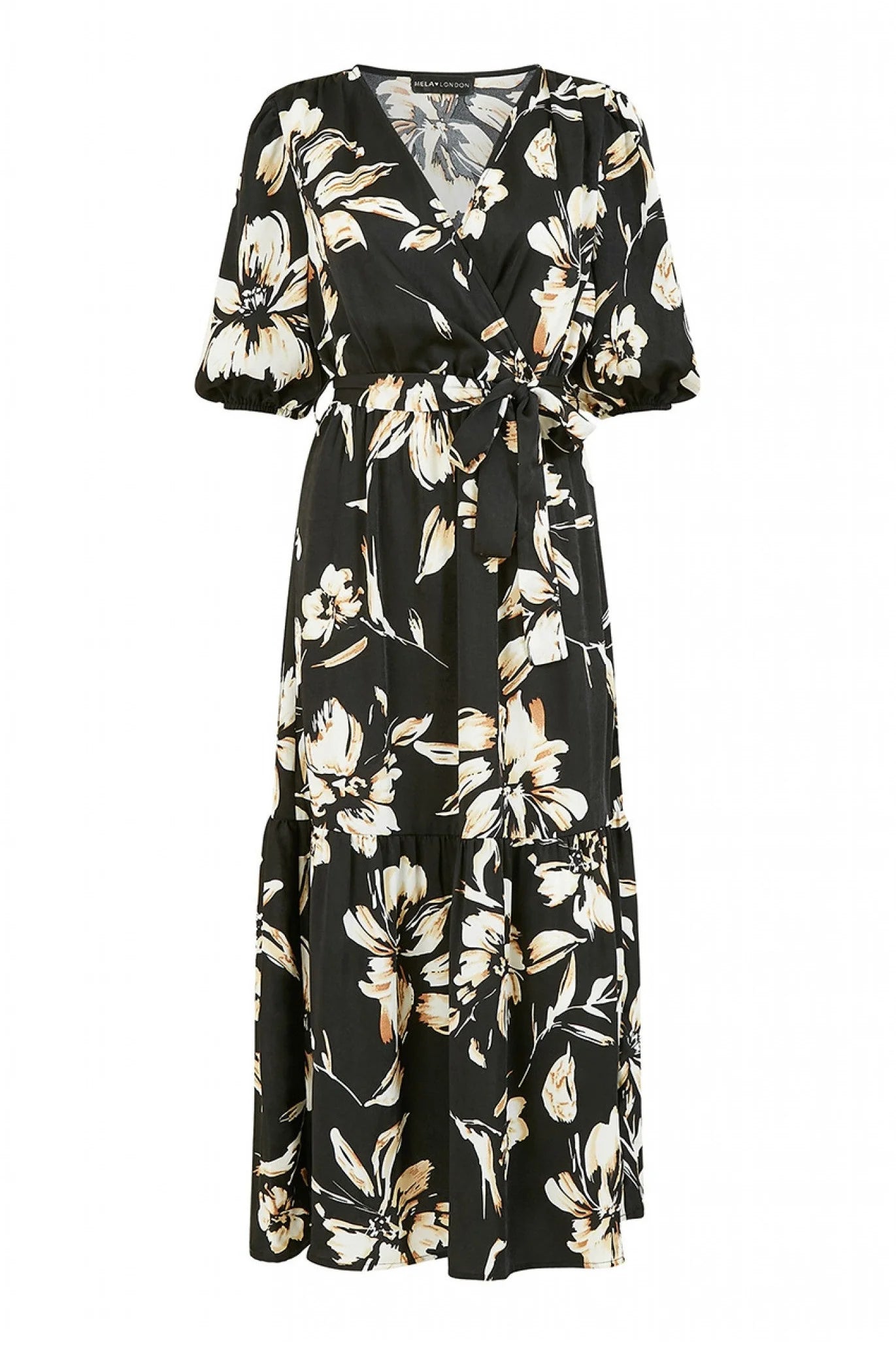 Mela London Black Floral Wrap Midi Dress