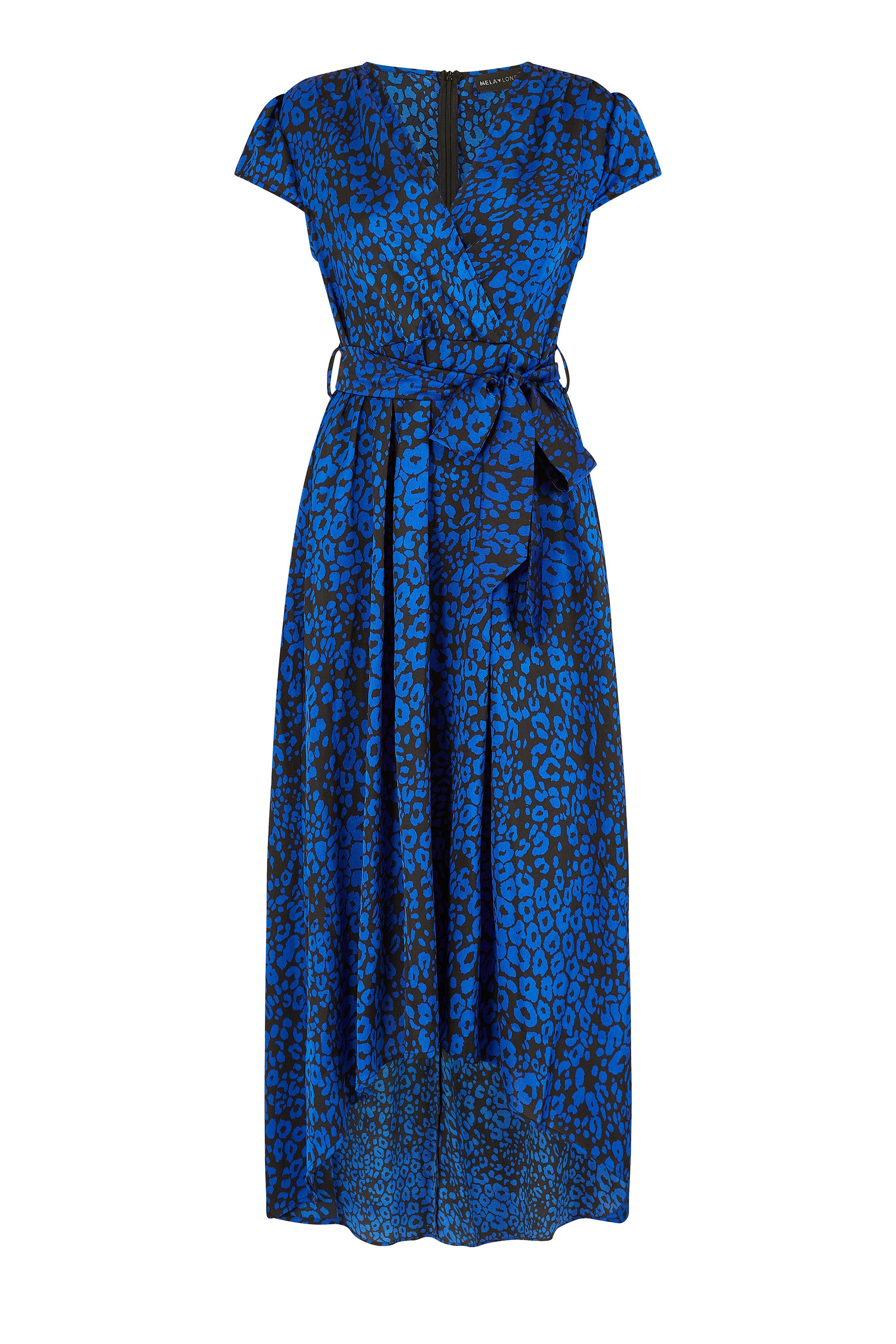 Mela London Blue Animal Print Dip Hem Midi Wrap Dress